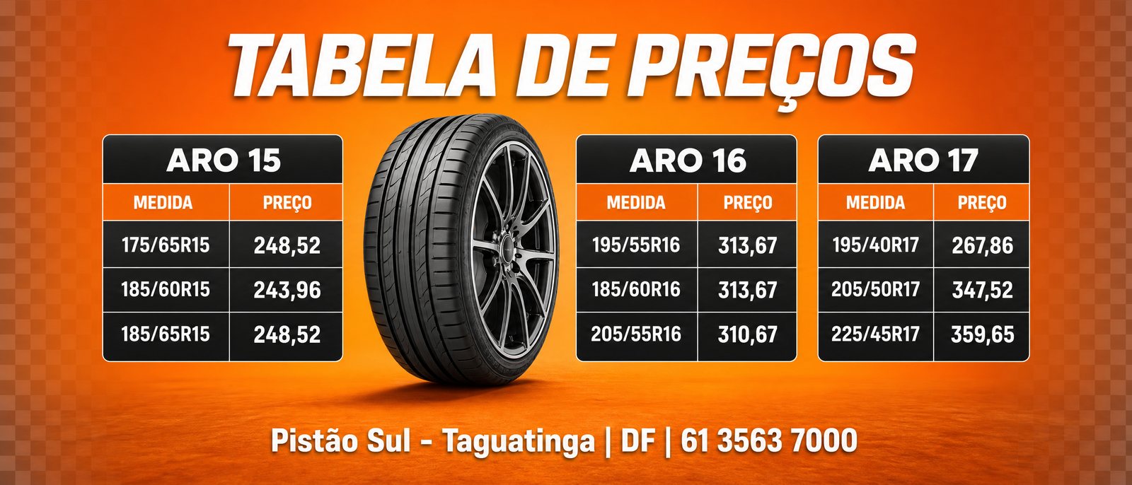 Tabela de preços de pneus aro 15, 16 e 17